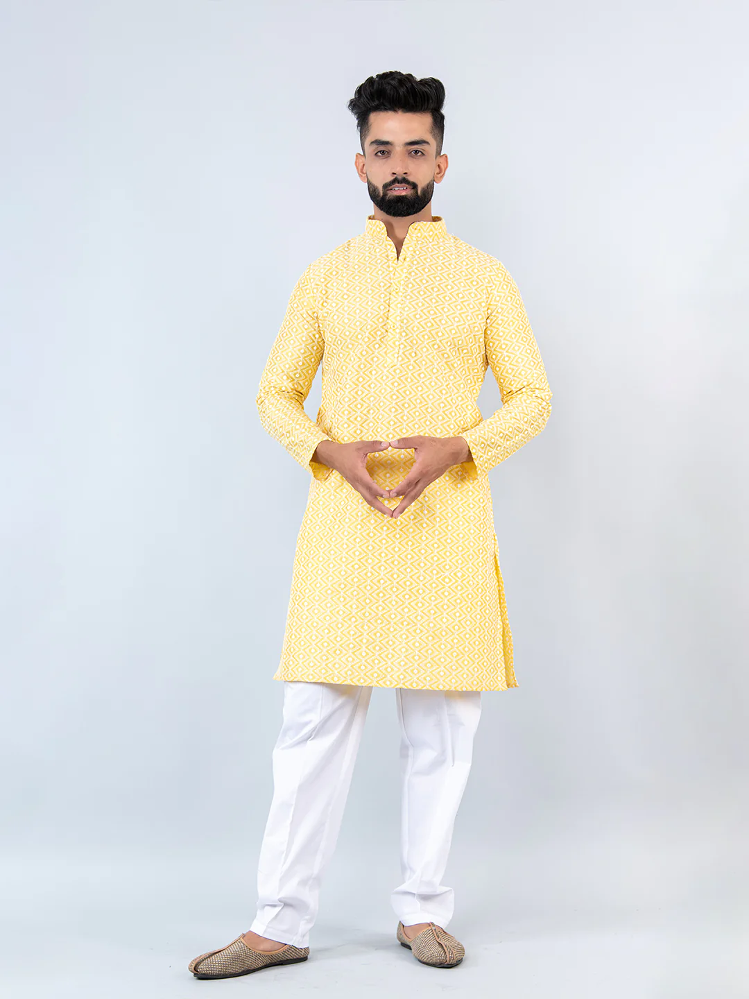 LIGHT YELLOW SCHIFFLI EMBRODERED WORK KURTA WITH PAJAMA  FOR MEN