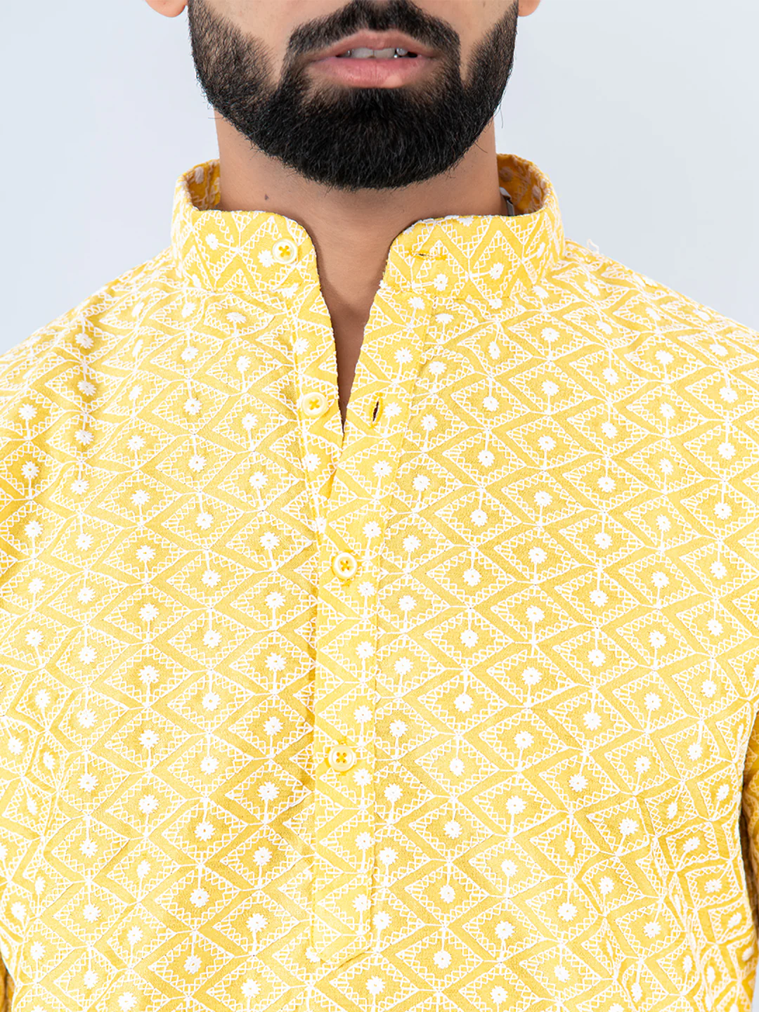 LIGHT YELLOW SCHIFFLI EMBRODERED WORK KURTA WITH PAJAMA  FOR MEN