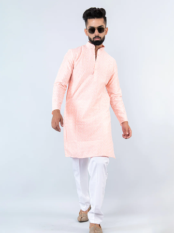 PEACH  SCHIFFLI EMBRODERED WORK KURTA WITH PAJAMA  FOR MEN