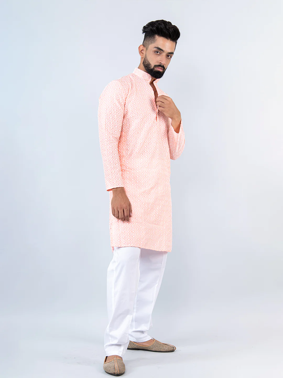 PEACH  SCHIFFLI EMBRODERED WORK KURTA WITH PAJAMA  FOR MEN