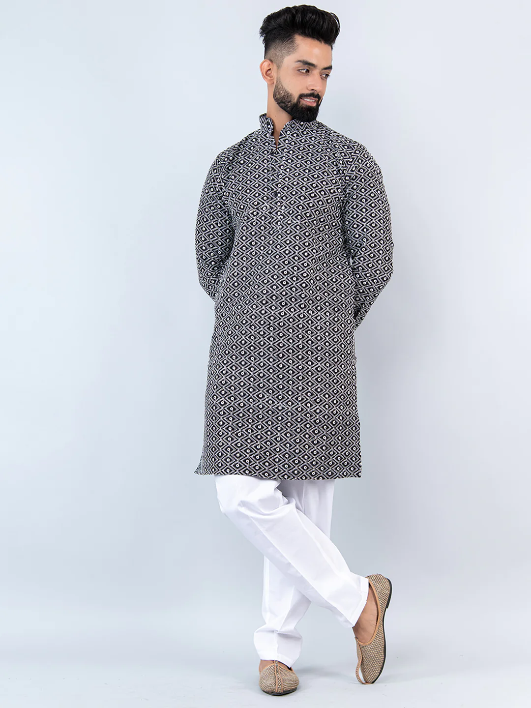 BLACK SCHIFFLI EMBRODERED WORK KURTA WITH PAJAMA  FOR MEN