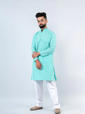 SKY BLUE SCHIFFLI EMBRODERED WORK KURTA WITH PAJAMA  FOR MEN