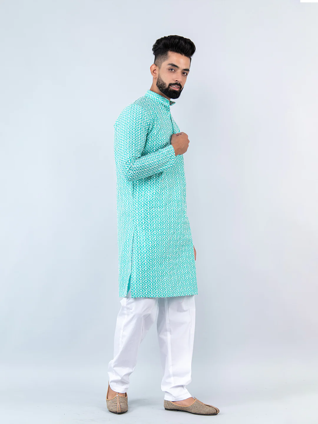 SKY BLUE SCHIFFLI EMBRODERED WORK KURTA WITH PAJAMA  FOR MEN