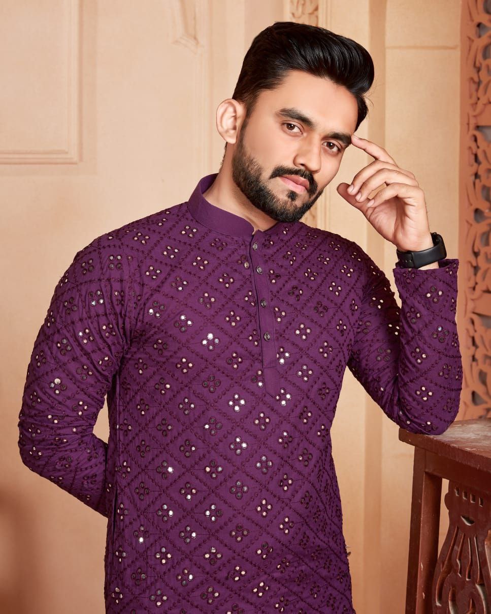 WINE MIRROR MEN'S DESIGENER KURTA WITH PAJAMA