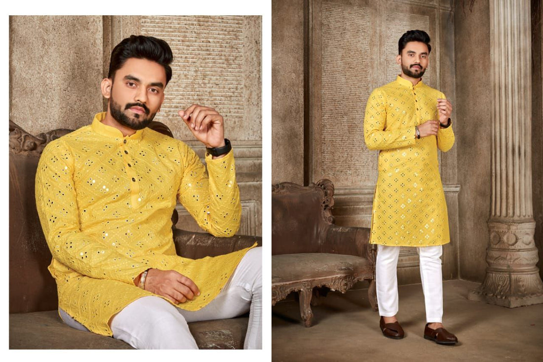 YELLOW HALDI SEPICEL MIRROR MENS KURTA WITH PAJAMA