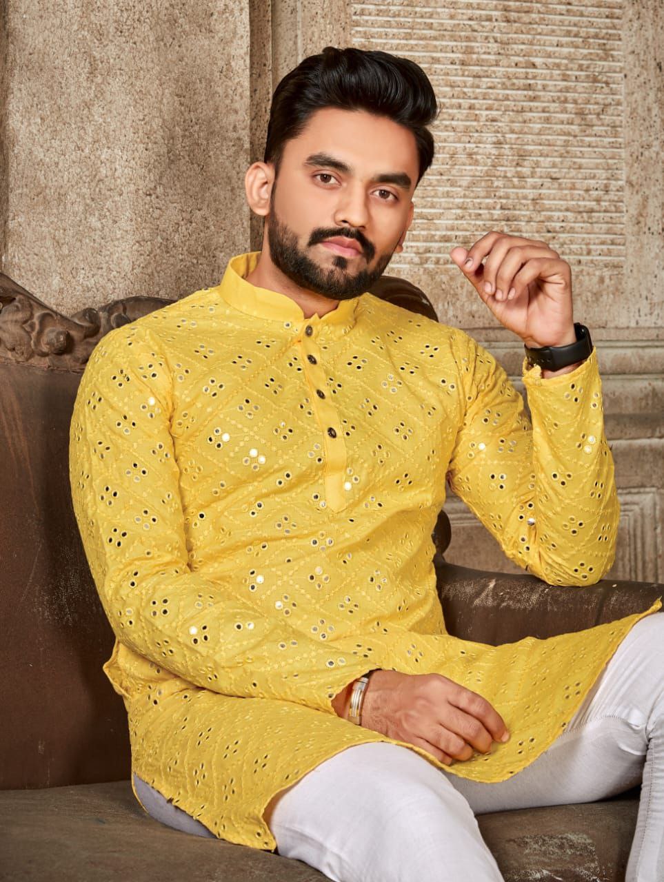 YELLOW HALDI SEPICEL MIRROR MENS KURTA WITH PAJAMA