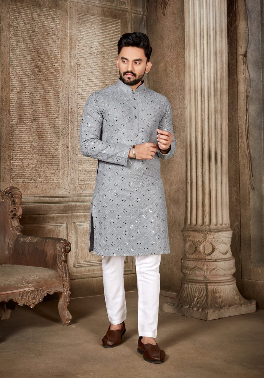 GRAY MIRROR EMBROIDERY KURTA WITH PAJAMA