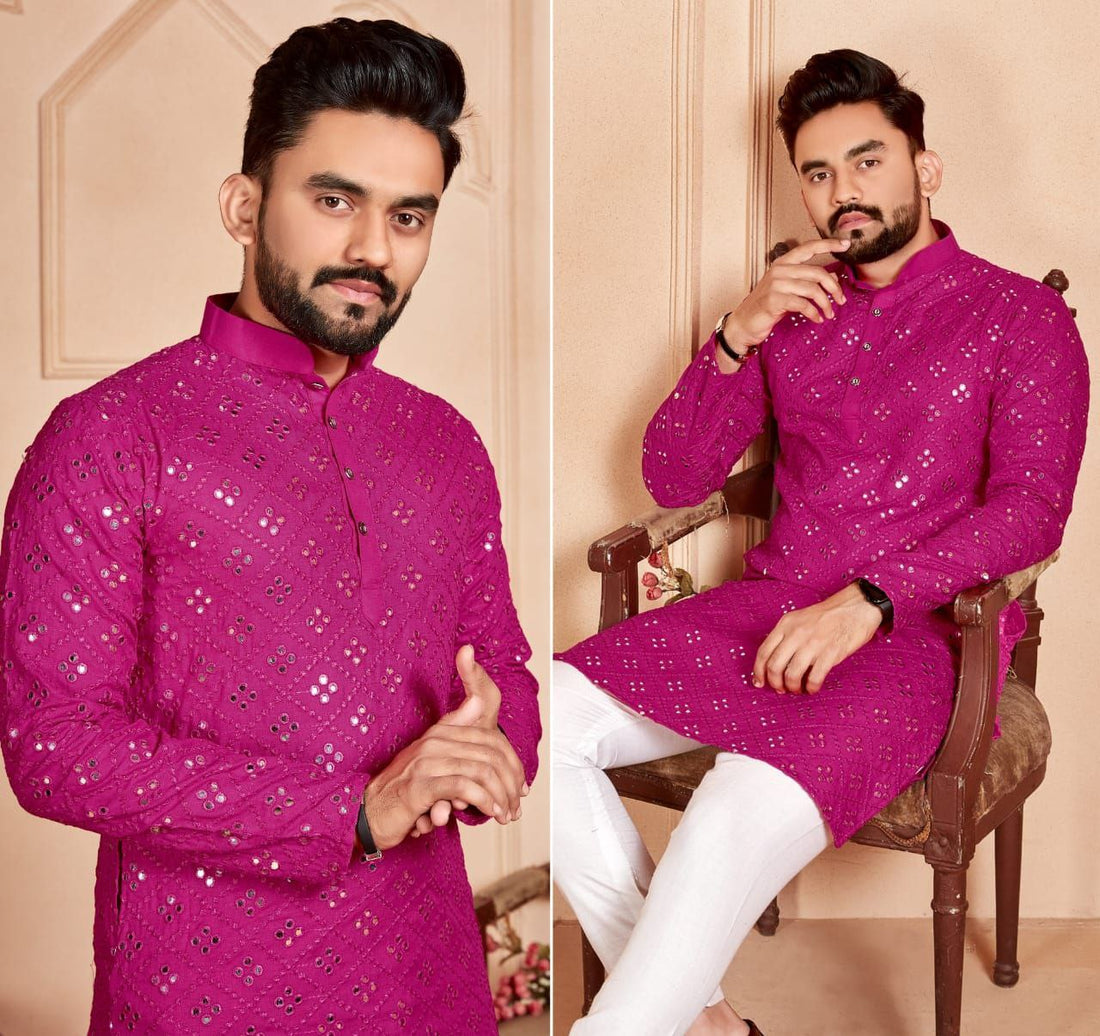 PINK MIRROR EMBROIDERY KURTA WITH PAJAMA