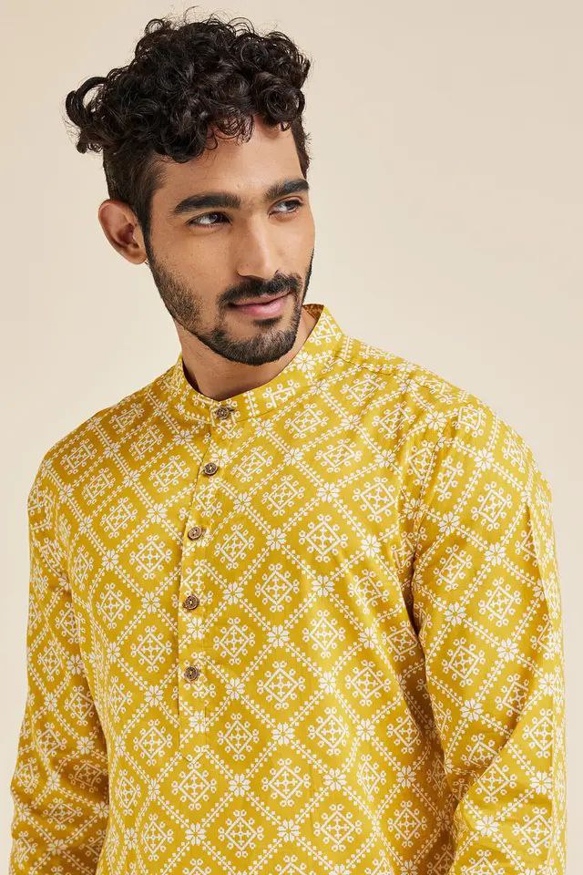 YELLOW JAIPURI PRINTED MENS KURTA WITH PAJAMA