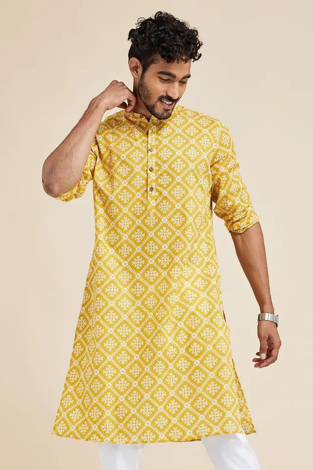 YELLOW JAIPURI PRINTED MENS KURTA WITH PAJAMA