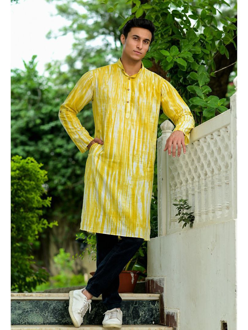 YELLOW HATHELI SHIBHORI PRINTED MENS KURTA WITH PAJAMA