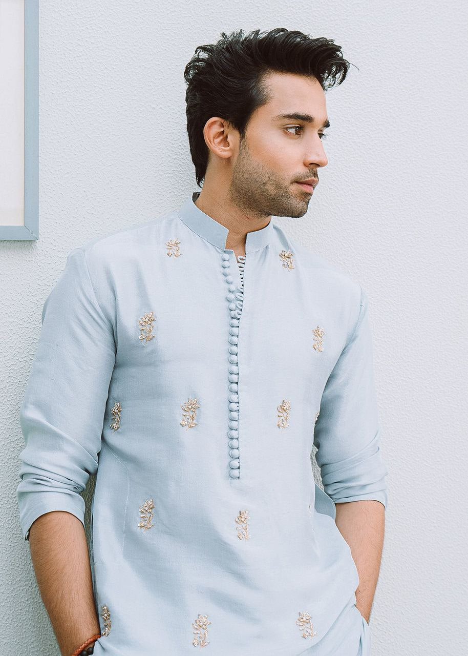 ICE BLUE BUTI MEN'S DESIGNER EMBRODRY KURTA WITH PAJAMA