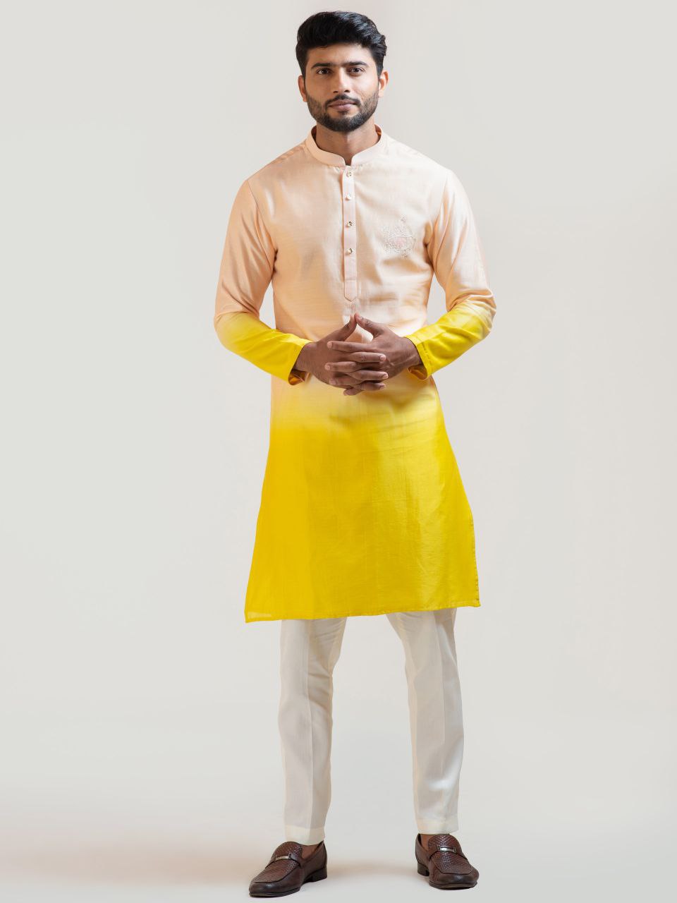 YELLOW SHADED PRINTED KURTA WITH PAJAMA  FOR MEN'S