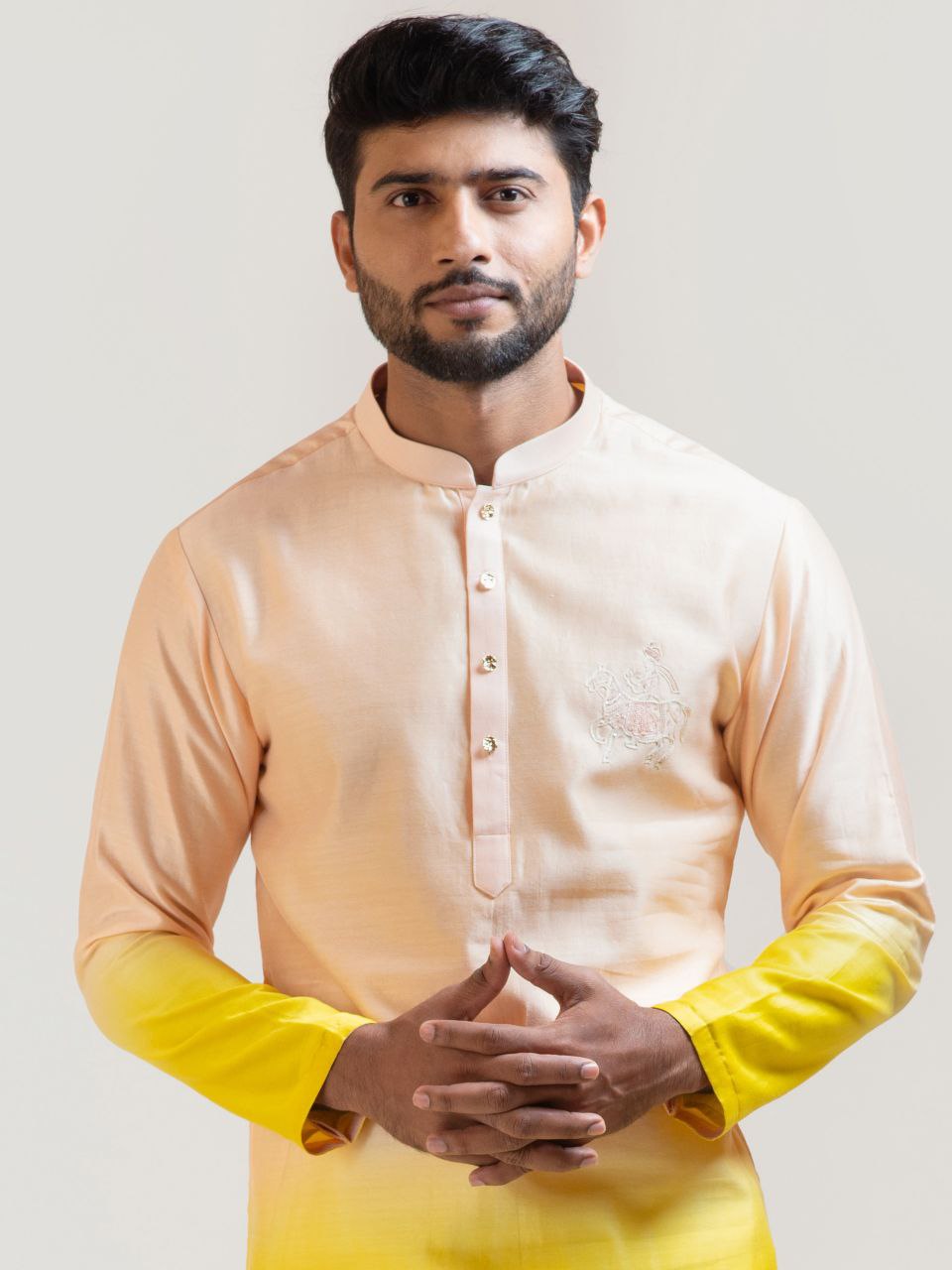 YELLOW SHADED PRINTED KURTA WITH PAJAMA  FOR MEN'S