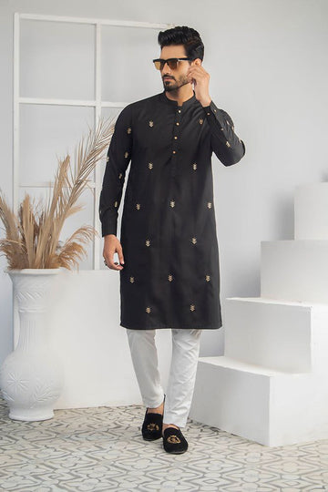 BLACK LEAF EMBROIDERED DESIGNER MEN'S KURTA WITH PAJAMA