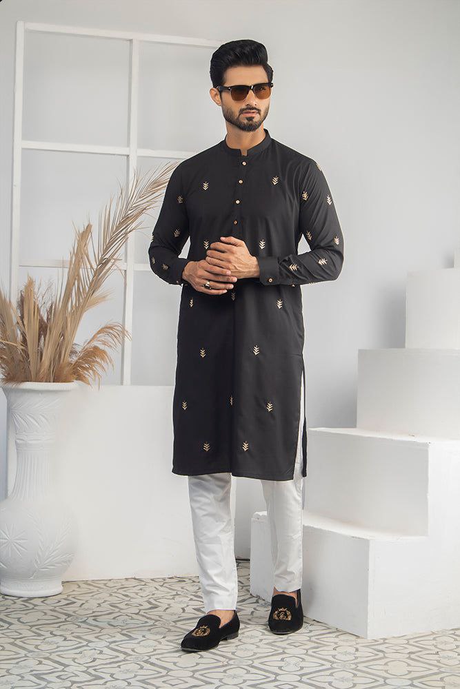 BLACK LEAF EMBROIDERED DESIGNER MEN'S KURTA WITH PAJAMA