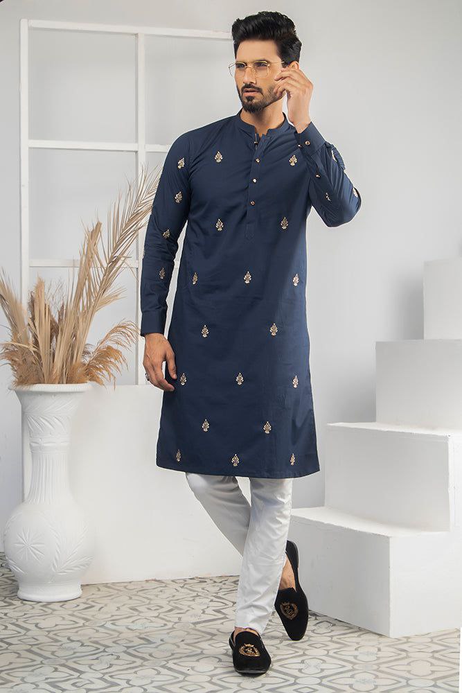 NAVY BLUE EMBROIDERY WORKED DESIGNER MENS KURTA ONLY