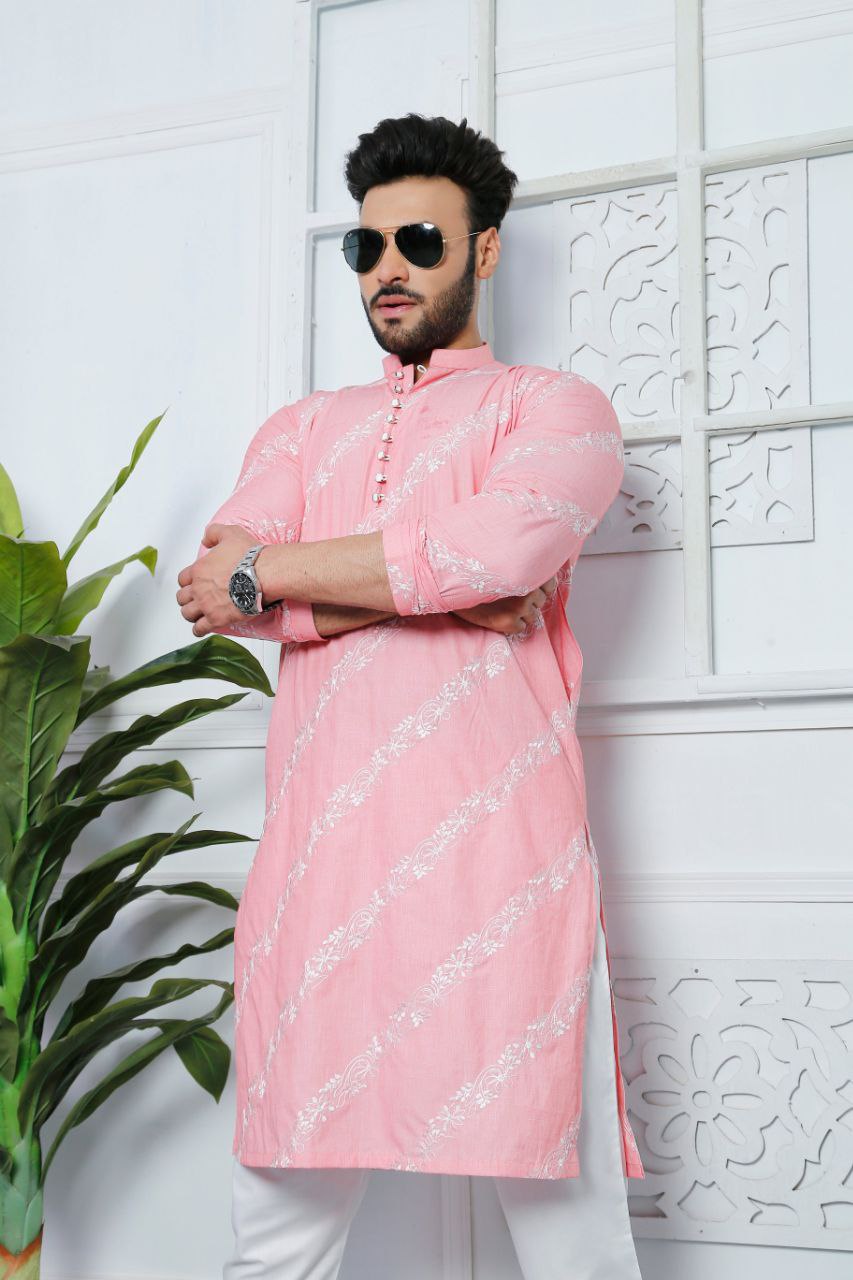 LIGHT PINK EMBROIDERY WORKED DESIGNER MENS KURTA WITH PAJAMA