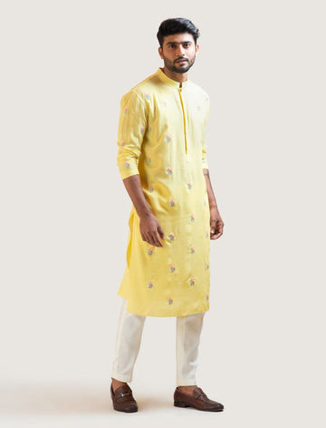 YELLOW FLORAL EMBROIDERED MEN'S KURTA WITH PAJAMA