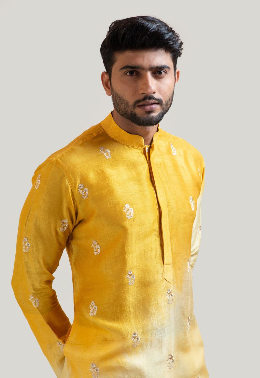 YELLOW SHADED EMBROIDEY WORKED MEN'S KURTA ONLY