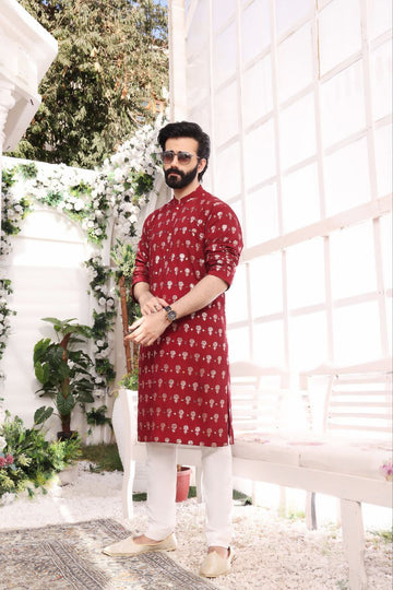 RED FOIL PRINTED MIRROR MEN'S KURTA WITH PAJAMA