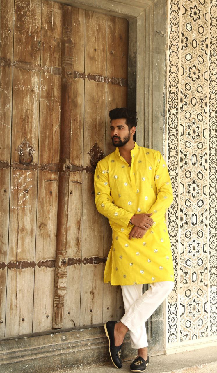 YELLOW SEQUENCE WORK MEN'S KURTA WITH PAJAMA