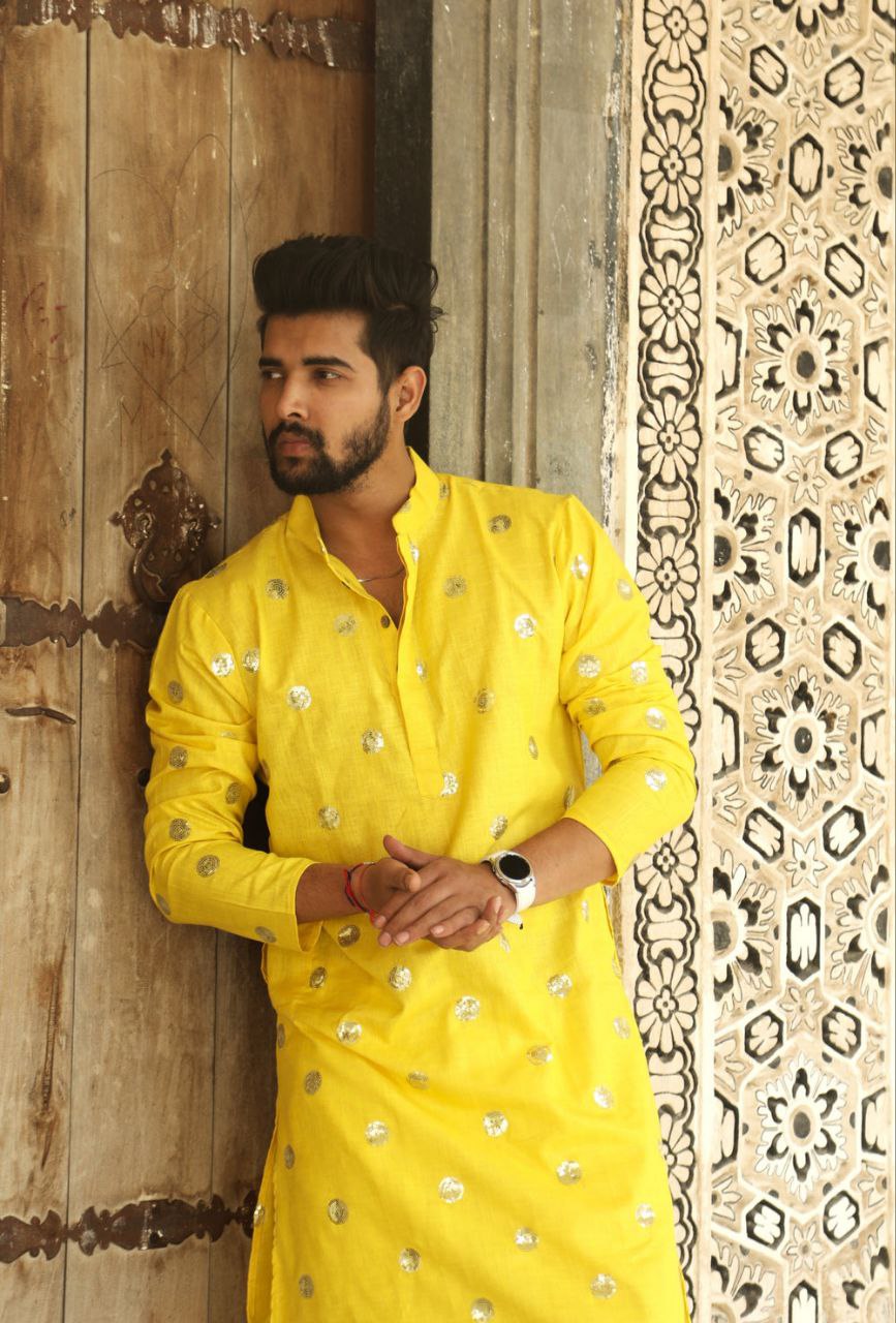 YELLOW SEQUENCE WORK MEN'S KURTA WITH PAJAMA