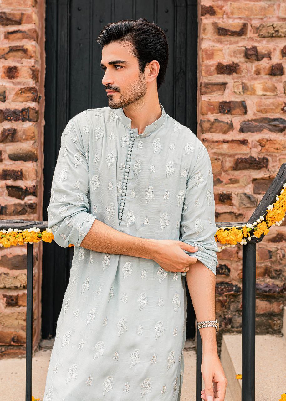 POWDER BLUE EMBROIDERY WORK MEN'S KURTA WITH PAJAMA