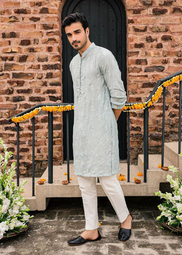 POWDER BLUE EMBROIDERY WORK MEN'S KURTA WITH PAJAMA