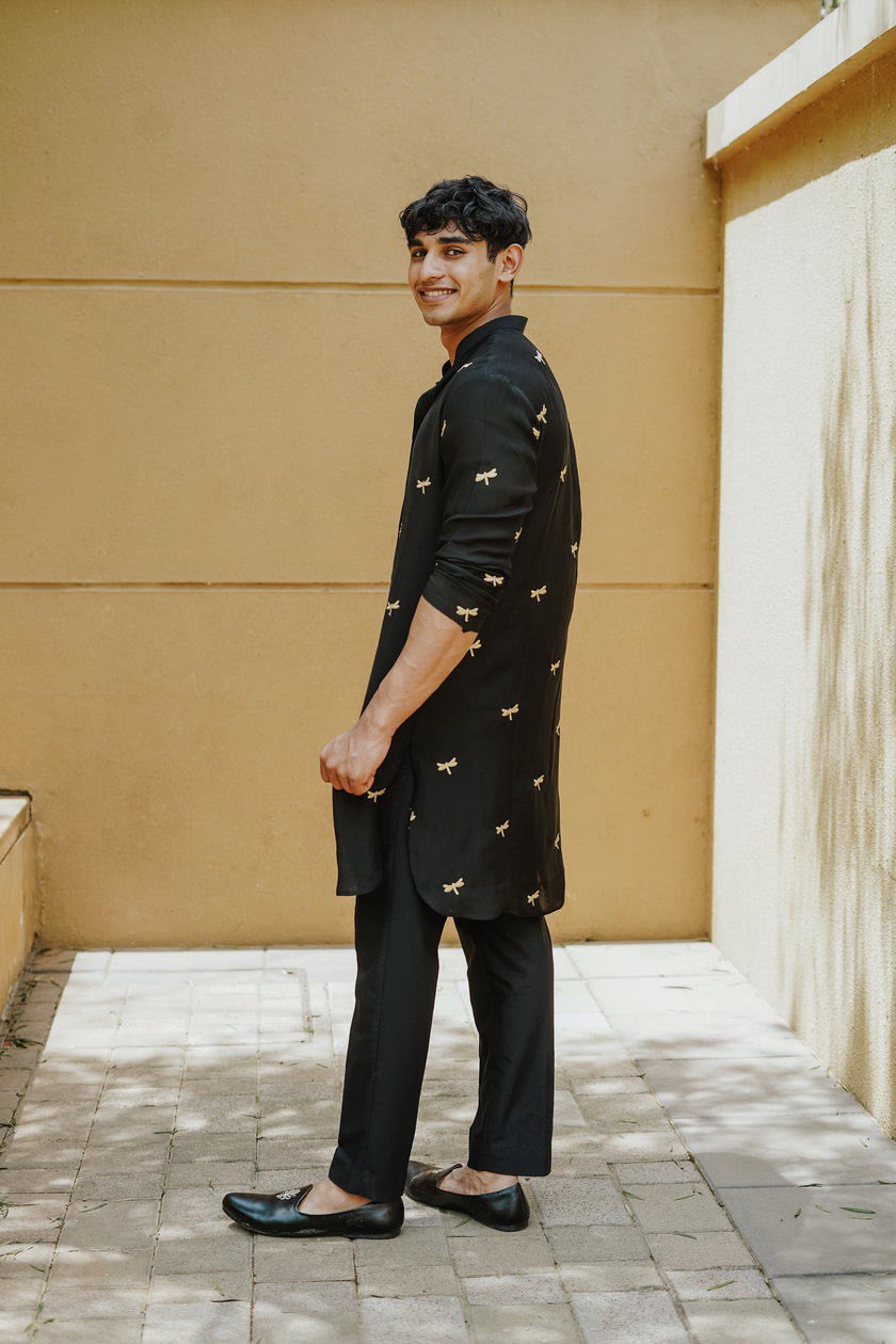 BLACK BUTTERFLY EMBROIDERY WORKED KURTA WITH BLACK PAJAMA