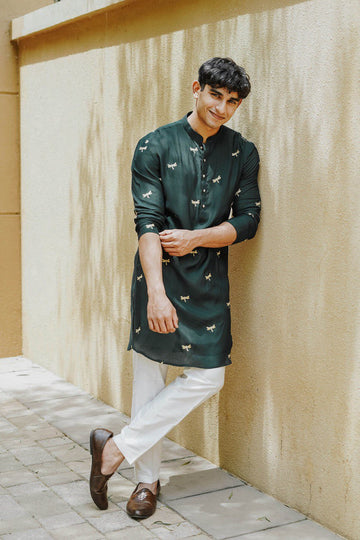 GREEN BUTTERFLY EMBROIDERY WORKED MENS KURTA WITH PAJAMA FOR MEN