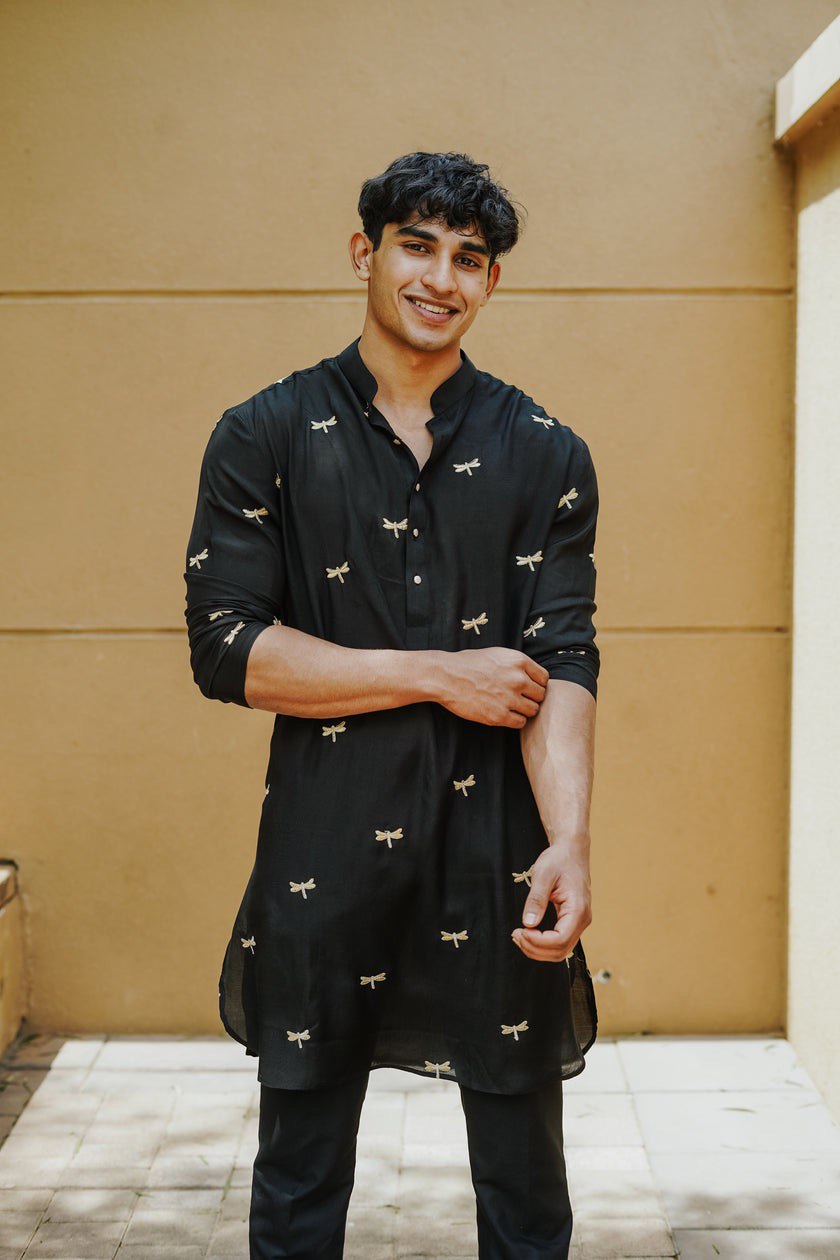 BLACK BUTTERFLY EMBROIDERY WORKED KURTA WITH BLACK PAJAMA