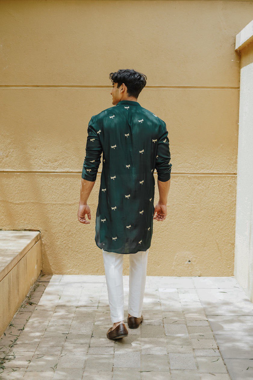 GREEN BUTTERFLY EMBROIDERY WORKED MENS KURTA WITH PAJAMA FOR MEN