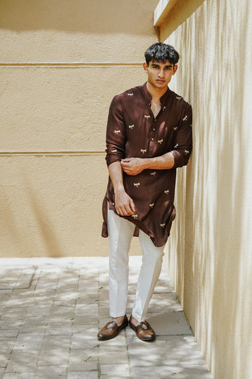 BROWN BUTTERFLY EMBROIDERY WORKED MEN'S KURTA WITH PAJAMA FOR MEN