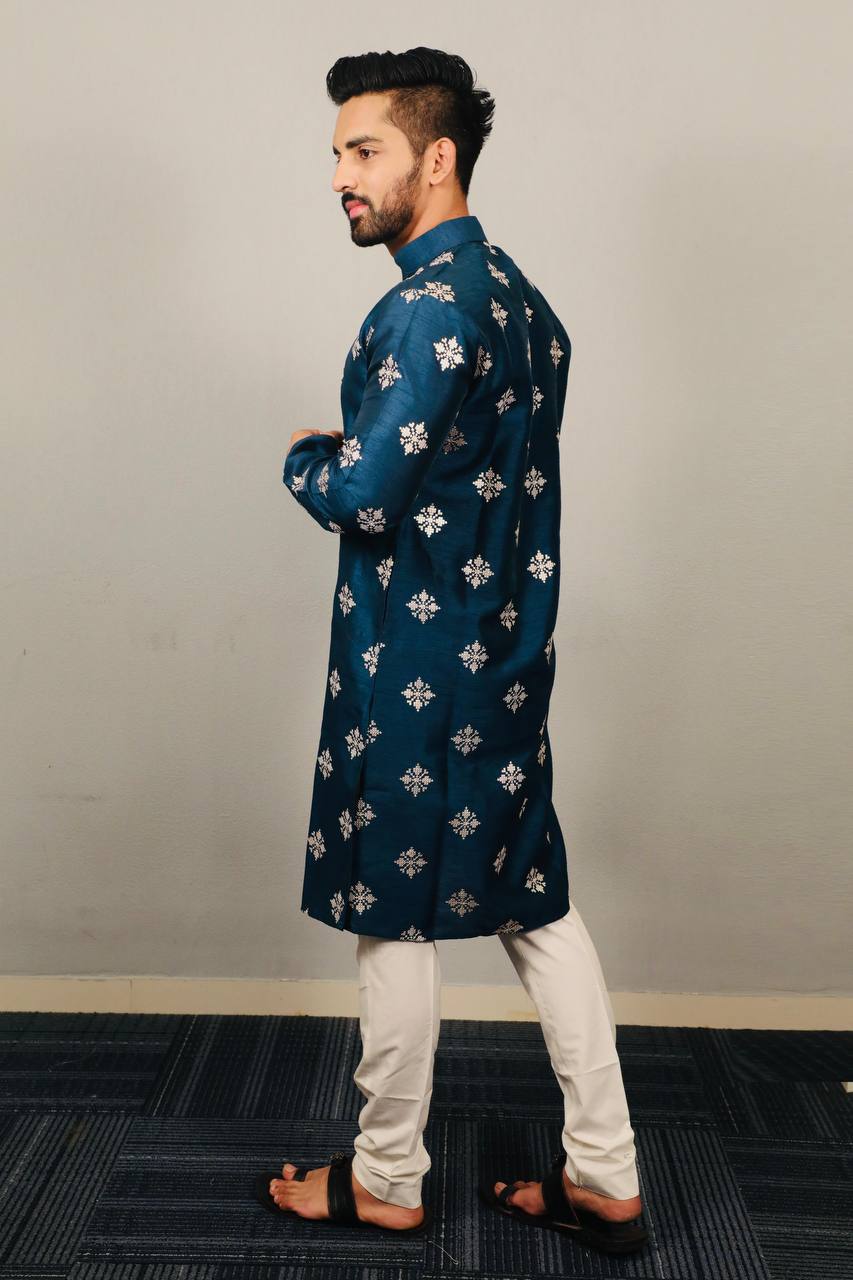 PEACOCK BLUE E BUTTI MOTIF SUQUNCE EMBRODERED KURTA WITH PAJAMA