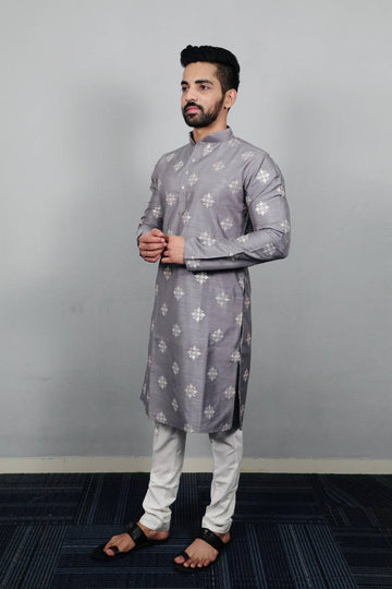 GRAY E BUTTI MOTIF SUQUNCE EMBRODERED KURTA WITH PAJAMA