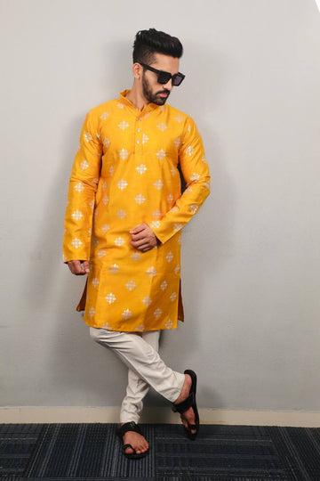 YELLOW  BUTTI MOTIF SUQUNCE EMBRODERED KURTA WITH PAJAMA