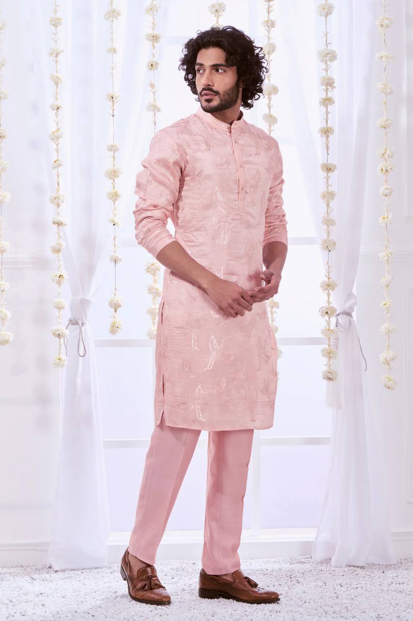 PAKSHI CHIKANKARI SEQUINS EMBRODERY WORK KURTA WITH PAJAMA SET FOR MEN