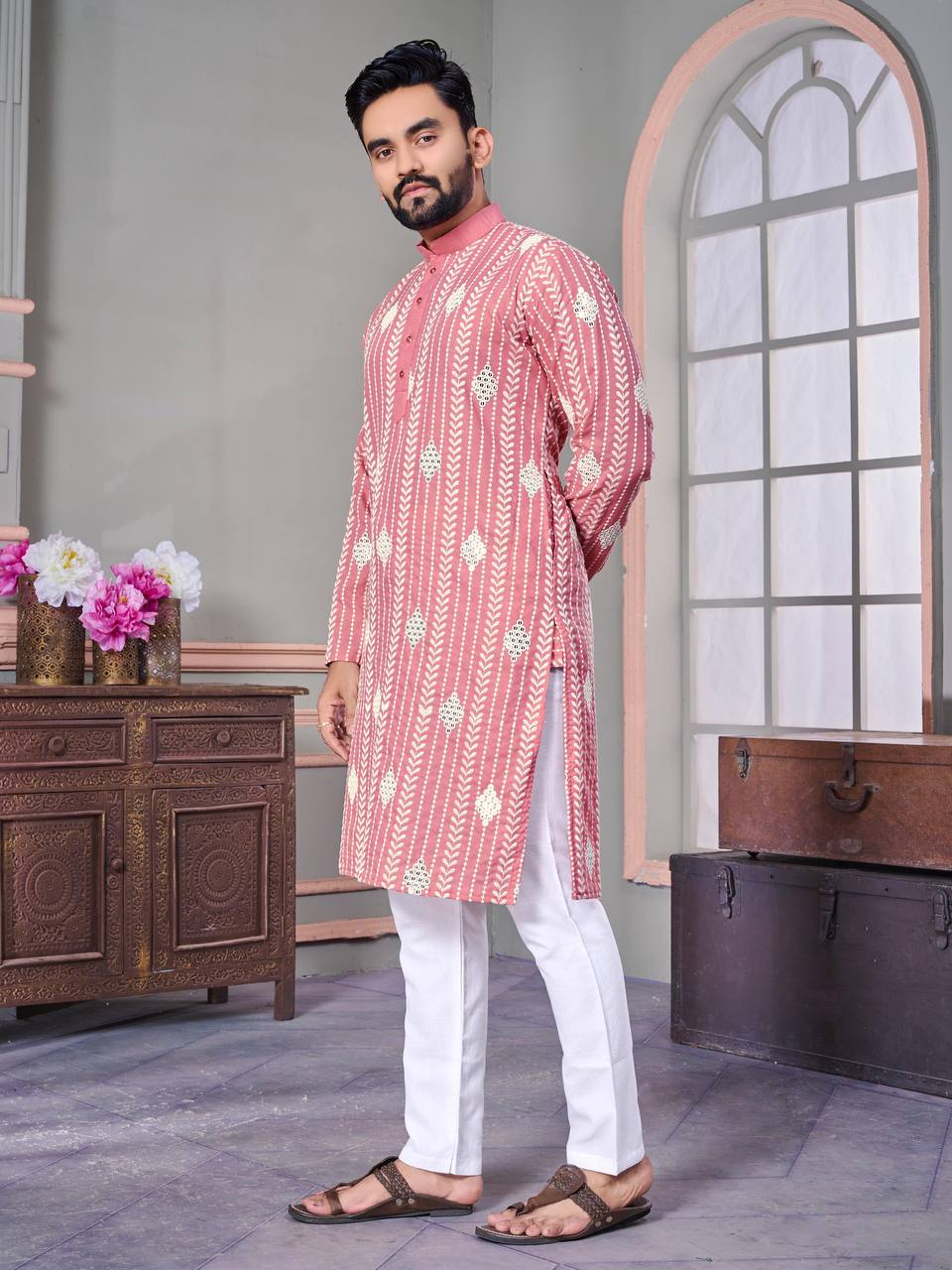 THE CLASSIC PINK SEQUENCE EMRODAIRY KURTA WITH PAJAMA SET FOR MEN'S