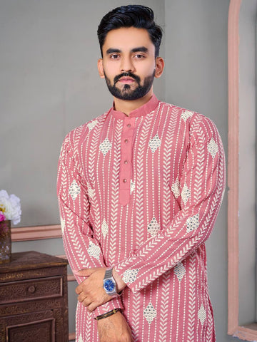 THE CLASSIC PINK SEQUENCE EMRODAIRY KURTA WITH PAJAMA SET FOR MEN'S