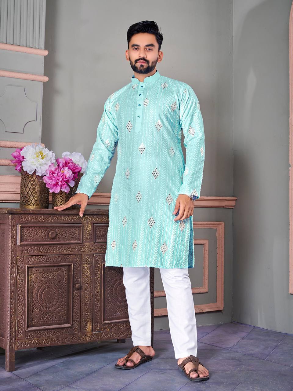 THE CLASSIC LIGHT BLUE SEQUENCE EMRODAIRY KURTA WITH PAJAMA SET FOR MEN'S