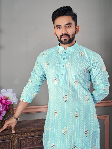 THE CLASSIC LIGHT BLUE SEQUENCE EMRODAIRY KURTA WITH PAJAMA SET FOR MEN'S