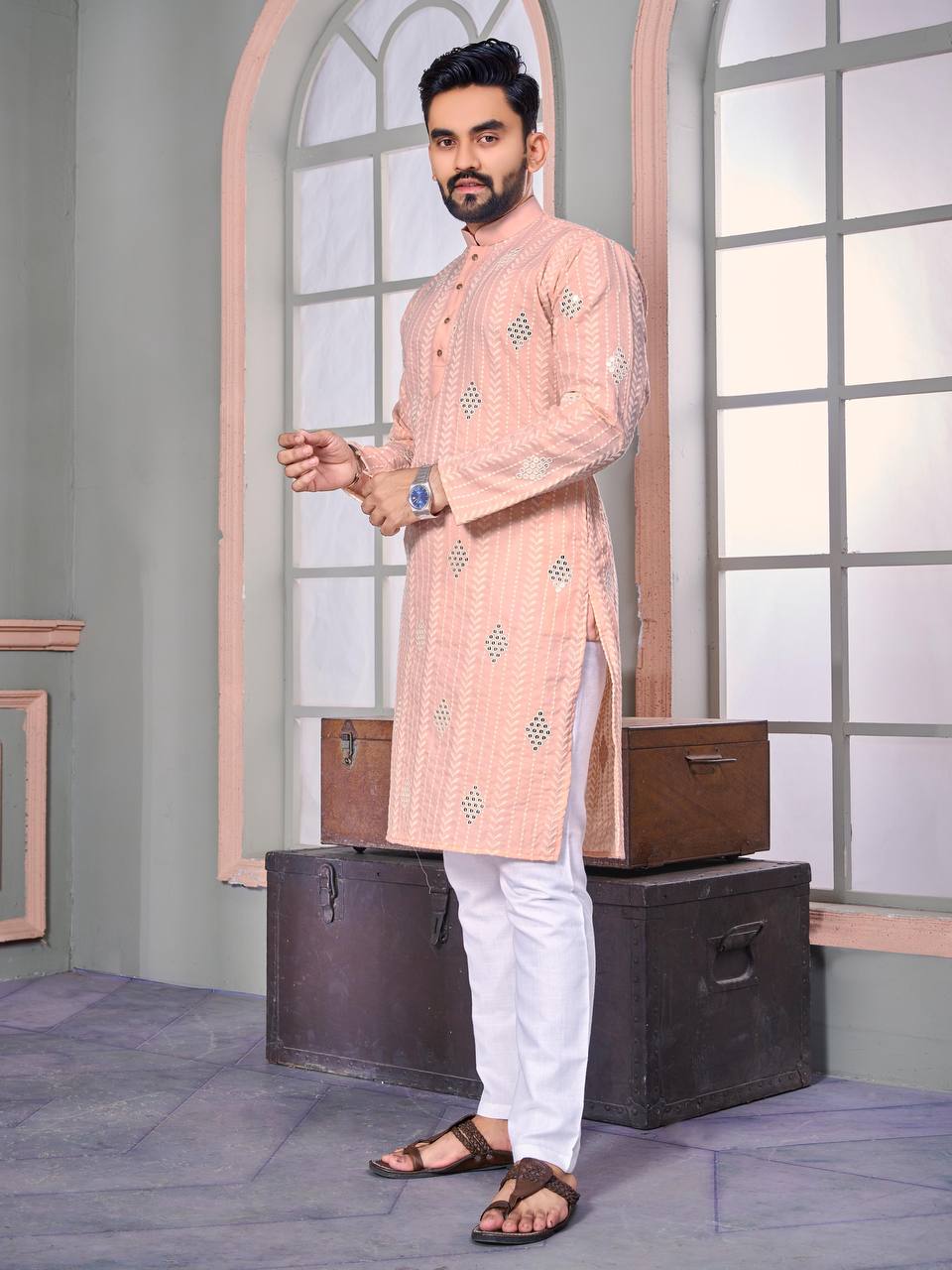 THE CLASSIC PEACH SEQUENCE EMRODAIRY KURTA WITH PAJAMA SET FOR MEN'S