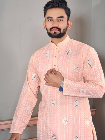 THE CLASSIC PEACH SEQUENCE EMRODAIRY KURTA WITH PAJAMA SET FOR MEN'S