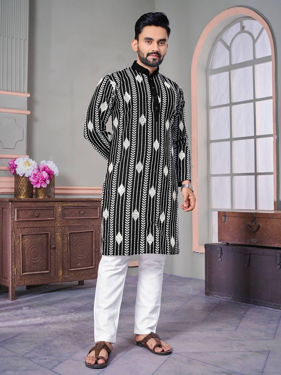 THE CLASSIC BLACK SEQUENCE EMRODAIRY KURTA WITH PAJAMA SET FOR MEN'S