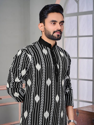 THE CLASSIC BLACK SEQUENCE EMRODAIRY KURTA WITH PAJAMA SET FOR MEN'S