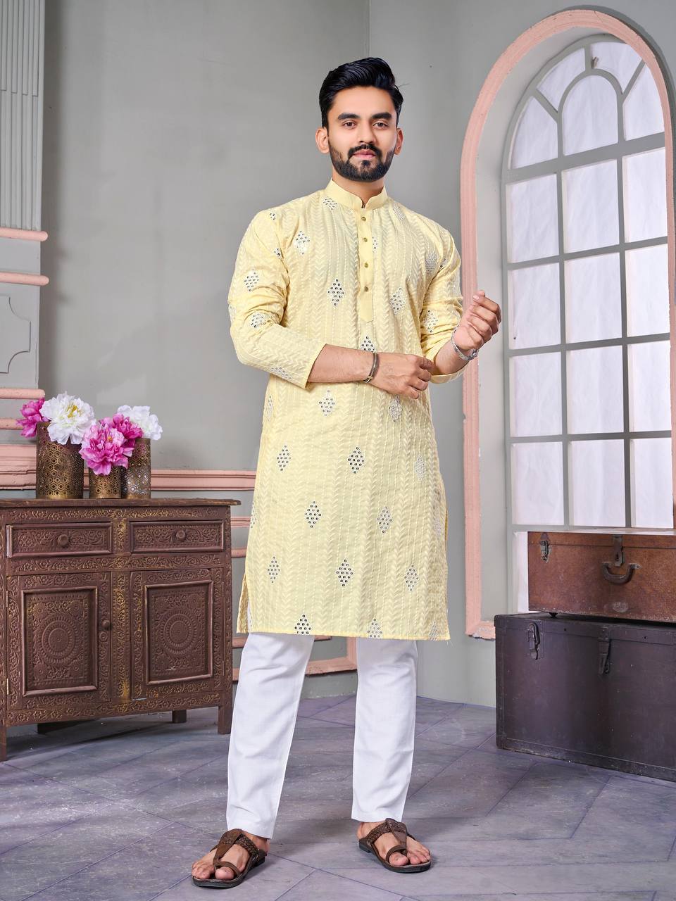 THE CLASSIC LIGHT YELLOW SEQUENCE EMRODAIRY KURTA WITH PAJAMA SET FOR MEN'S