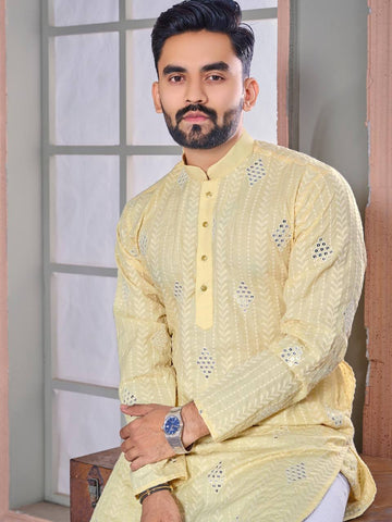 THE CLASSIC LIGHT YELLOW SEQUENCE EMRODAIRY KURTA WITH PAJAMA SET FOR MEN'S