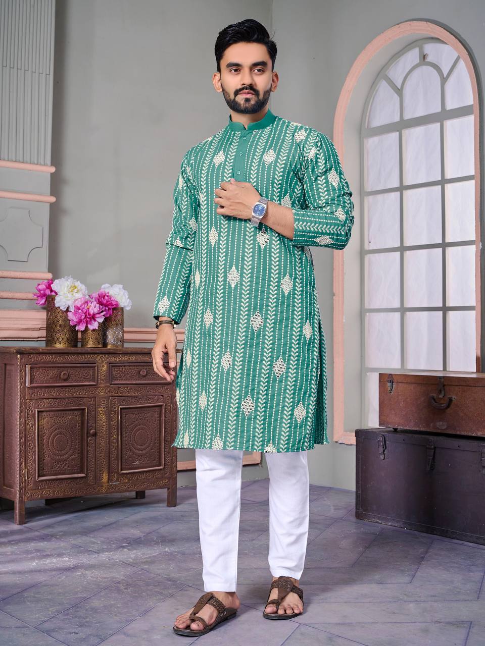THE CLASSIC SEA GREEN SEQUENCE EMRODAIRY KURTA WITH PAJAMA SET FOR MEN'S