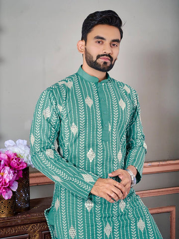 THE CLASSIC SEA GREEN SEQUENCE EMRODAIRY KURTA WITH PAJAMA SET FOR MEN'S